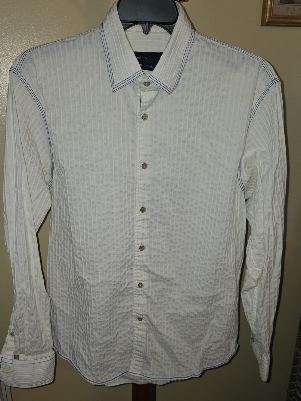 Pronto Uomo White Textured Long Sleeve Button-Down Shirt with Blue Stitching